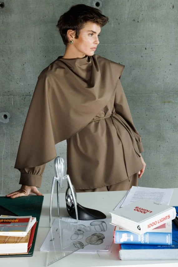 Khaki Drape Neck Design Blouse