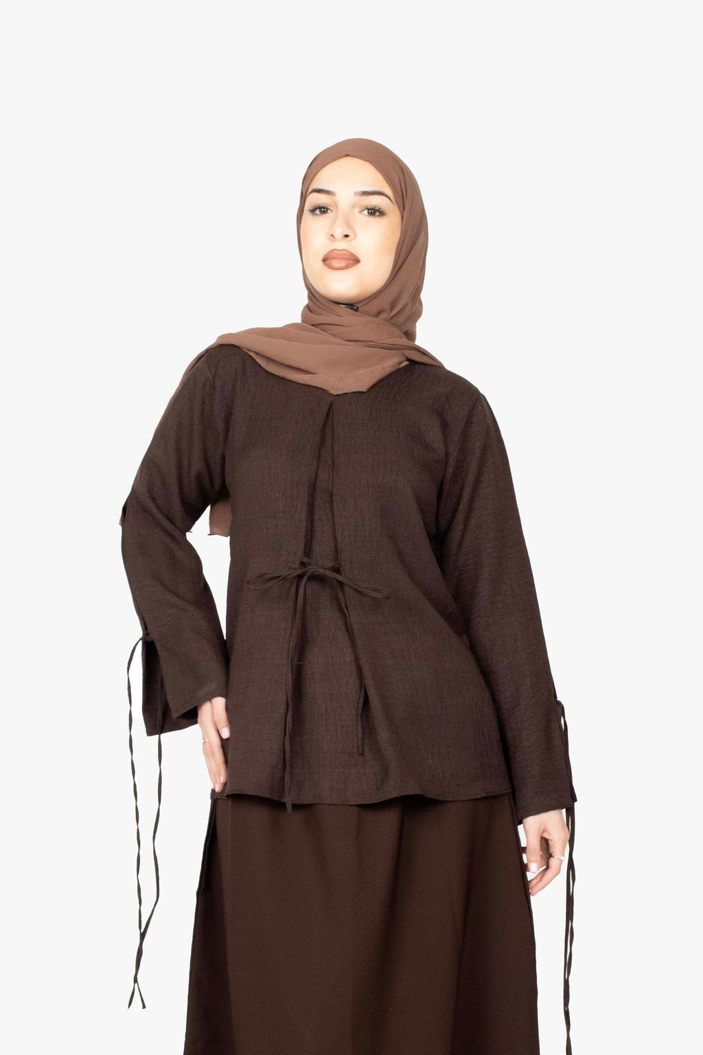 Mocha Brown Mélange Ribbon Kimono Top.